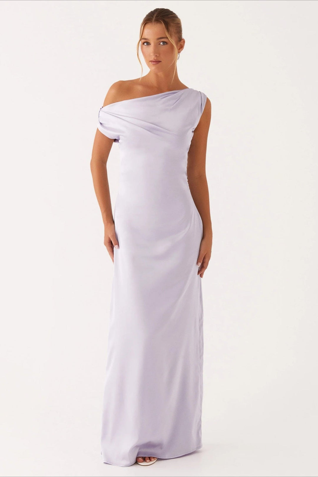 Women's Solid Color Maxi Dress with Asymmetric Neckline – Evening Dress