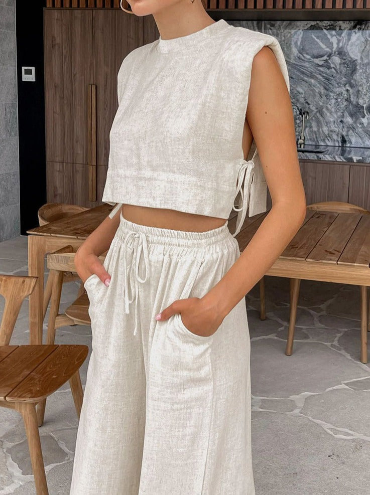 Ensemble en lin pour femmes – Coupe décontractée – Tenue d'été 2 pièces
