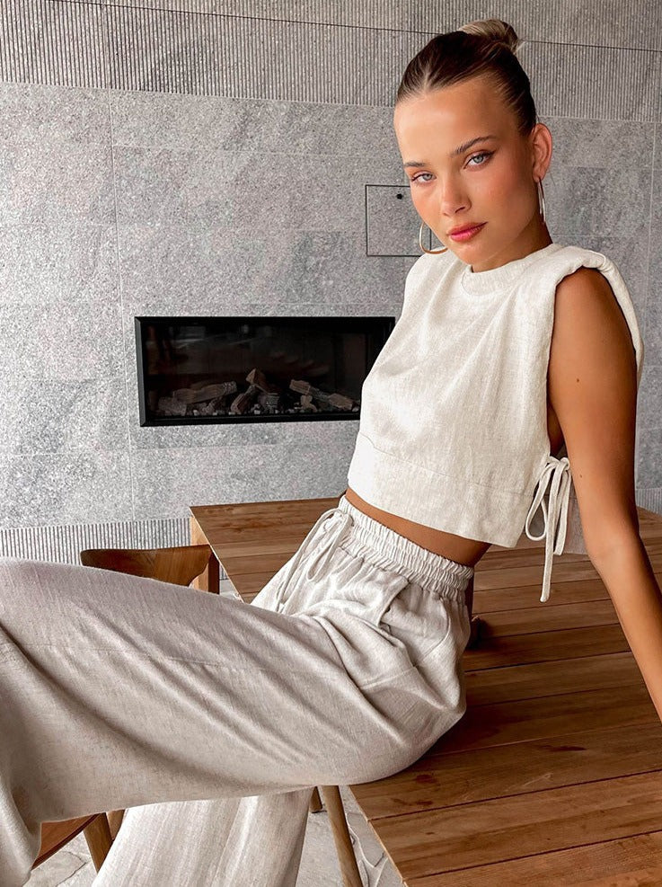 Ensemble en lin pour femmes – Coupe décontractée – Tenue d'été 2 pièces