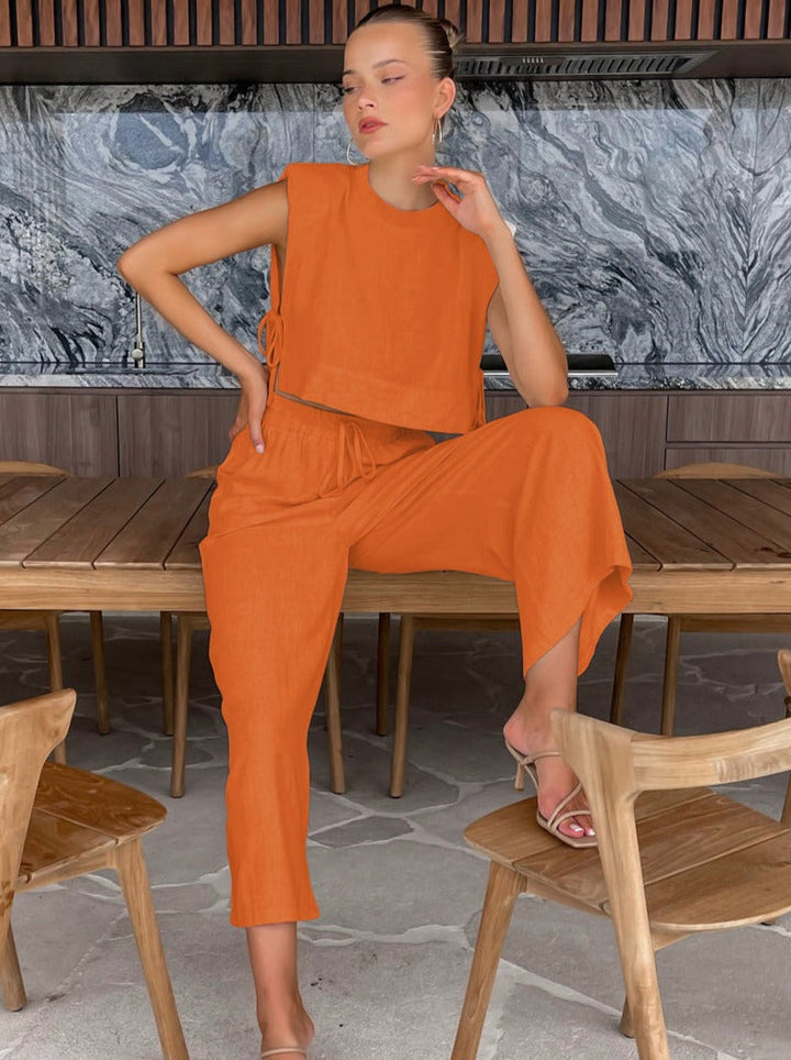 Ensemble en lin pour femmes – Coupe décontractée – Tenue d'été 2 pièces