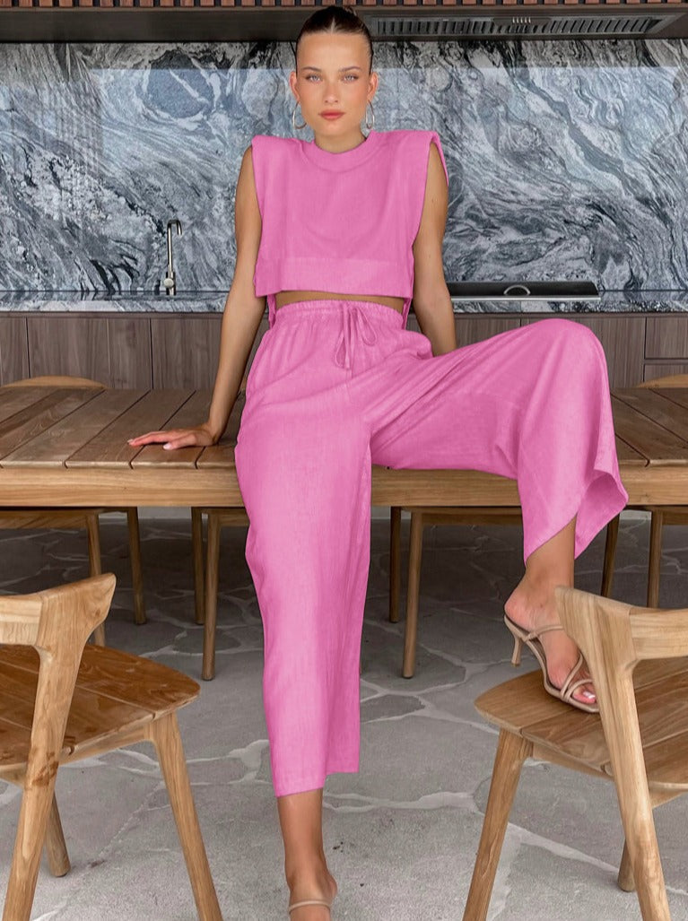 Ensemble en lin pour femmes – Coupe décontractée – Tenue d'été 2 pièces