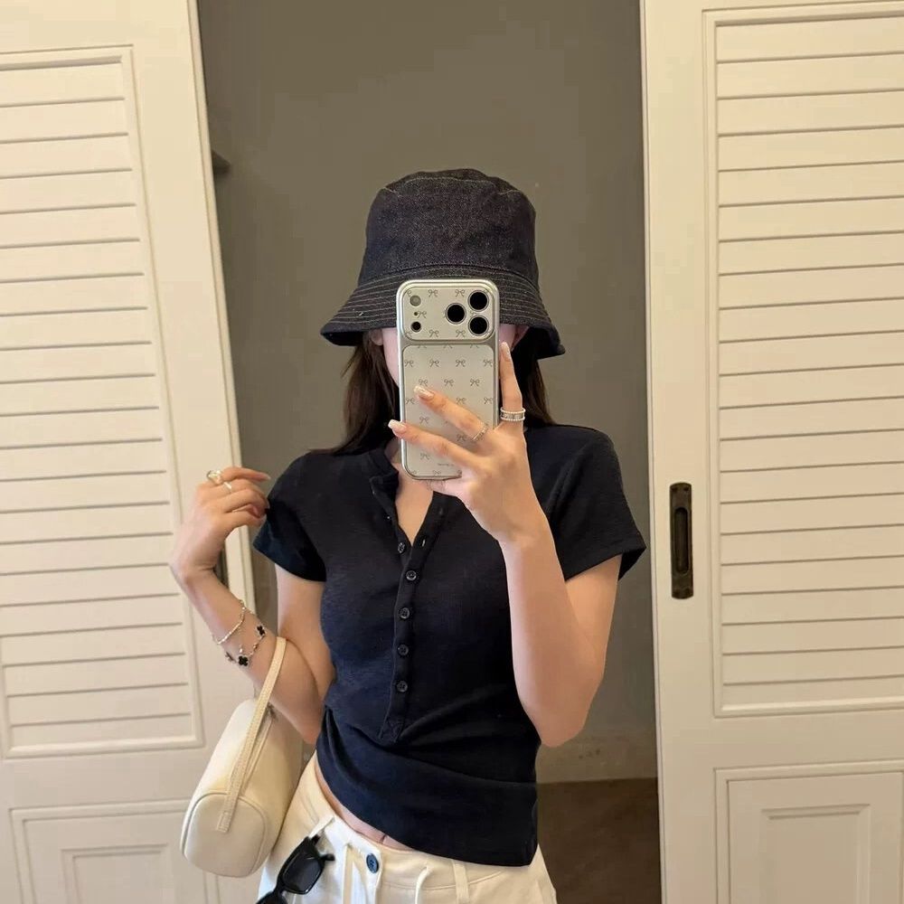 Women's Short Sleeve T-Shirt With Button Placket – Casual Slim Fit Top