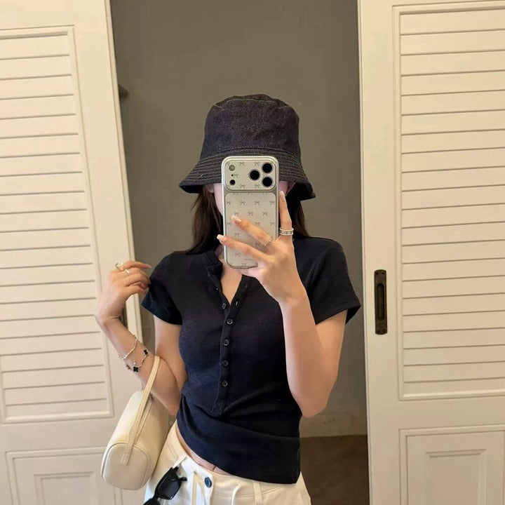 Women's Short Sleeve T-Shirt With Button Placket – Casual Slim Fit Top