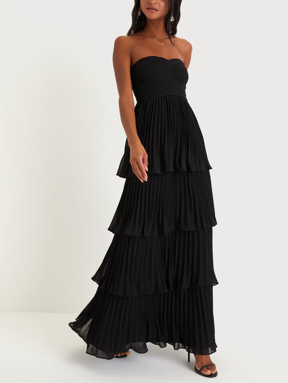 Damen Trägerloses Gerafftes Gestuftes Maxi Anlasskleid – Elegantes Abendkleid
