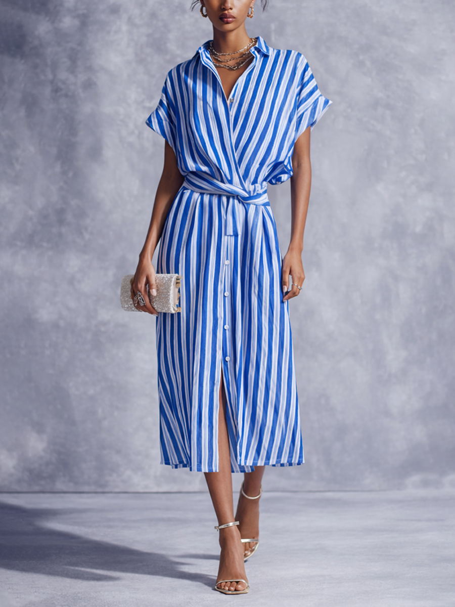 Gestreiftes Midikleid im Wickel-Look aus Baumwoll-Leinen
