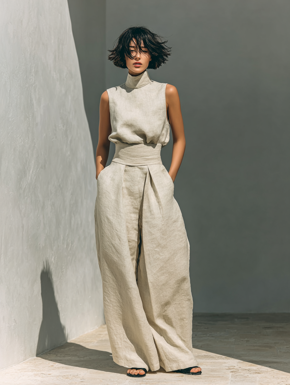 Women's Linen Two-Piece Set - Turtleneck Top Wide Pants