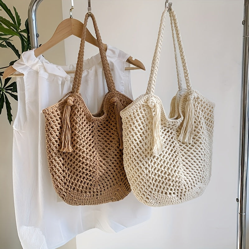 Ręcznie wykonana torebka na szydełku – Duża boho torba plażowa z chwostem