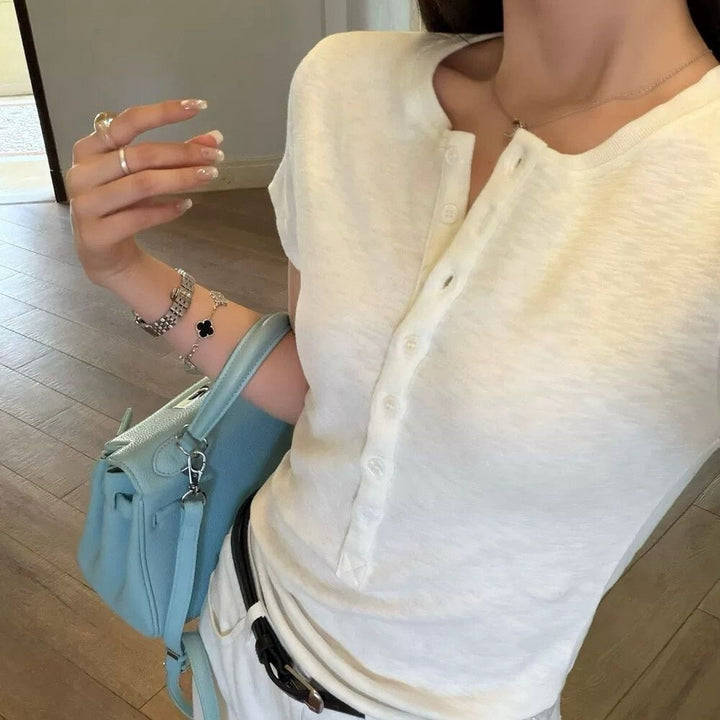 Women's Short Sleeve T-Shirt With Button Placket – Casual Slim Fit Top