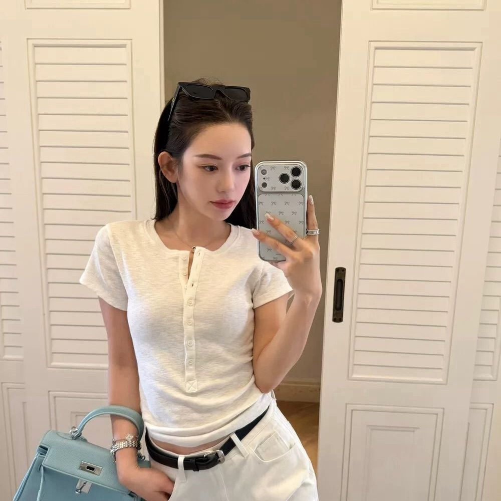 Women's Short Sleeve T-Shirt With Button Placket – Casual Slim Fit Top