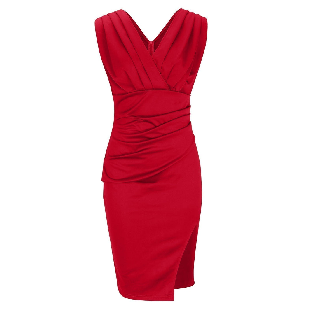 Robe d'affaires cintrée à col en V pour femme - Manches courtes avec fente