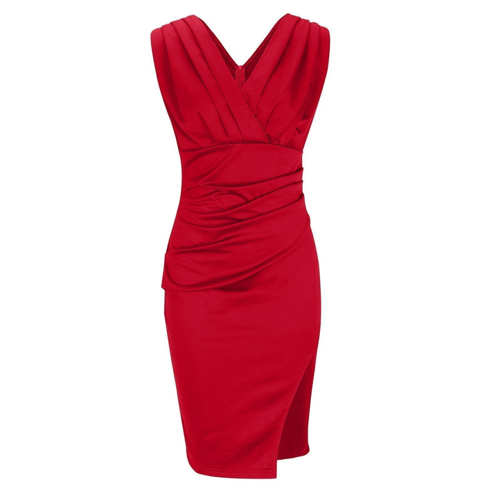 Robe d'affaires cintrée à col en V pour femme - Manches courtes avec fente