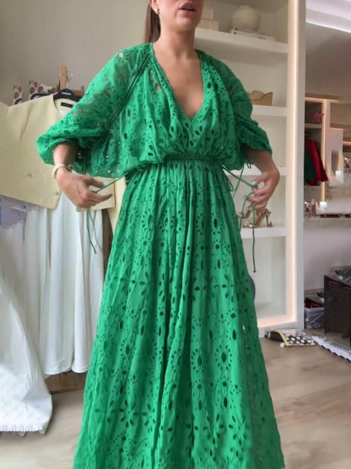 Vestido maxi de encaje oversize para mujer con escote en V y cintura fruncida – Vestido elegante y fluido