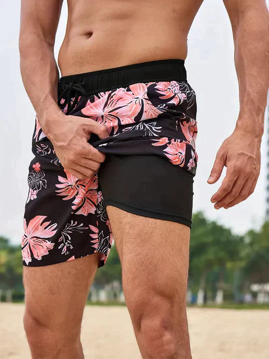 Men's Quick-Drying Swim Shorts with Compression Inner Shorts – Sporty Beach Shorts