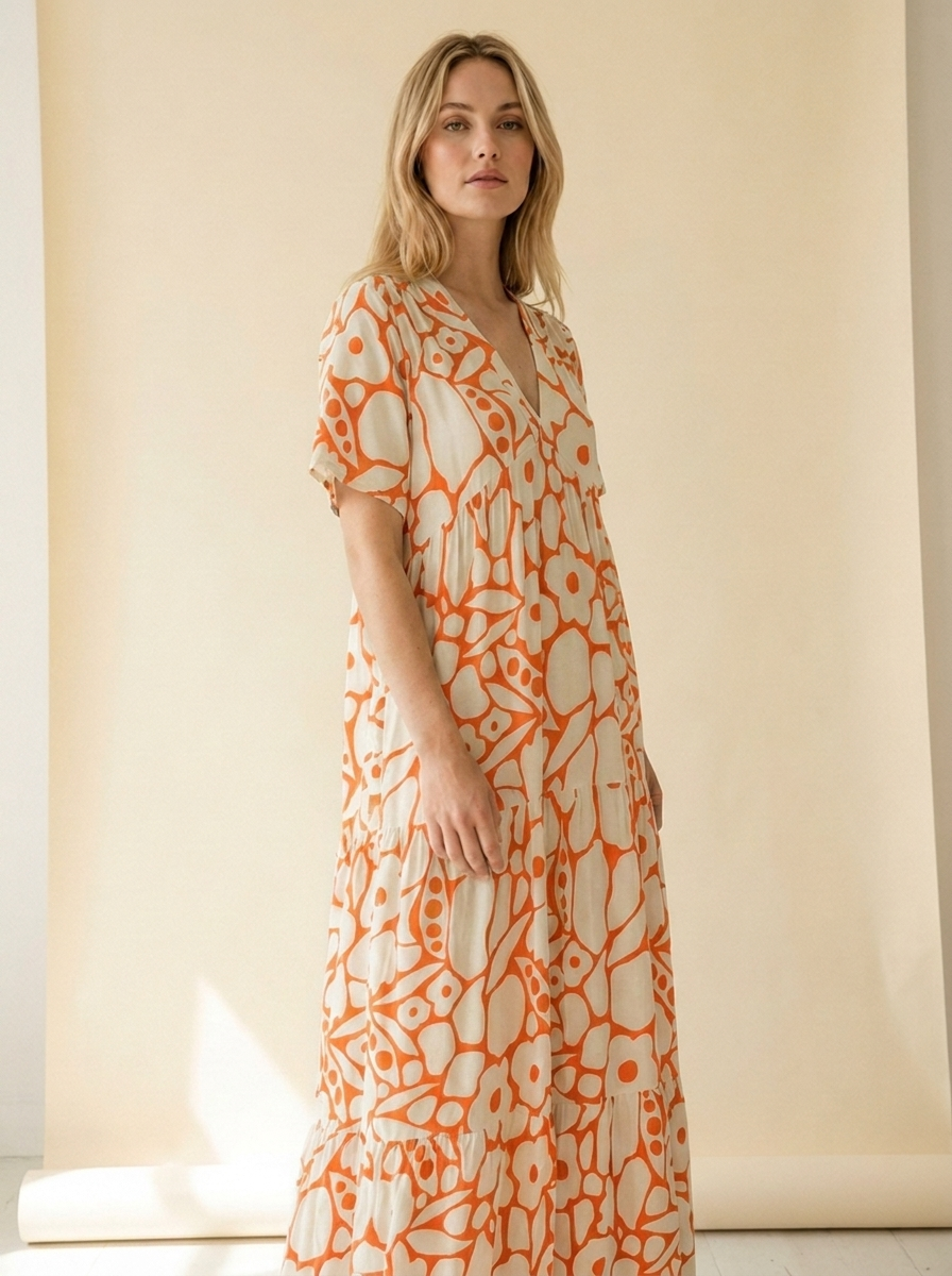 Bedrucktes Maxi-Sommerkleid - Orange