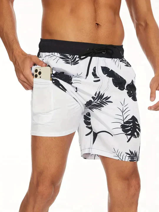 Men's Quick-Drying Swim Shorts with Compression Inner Shorts – Sporty Beach Shorts