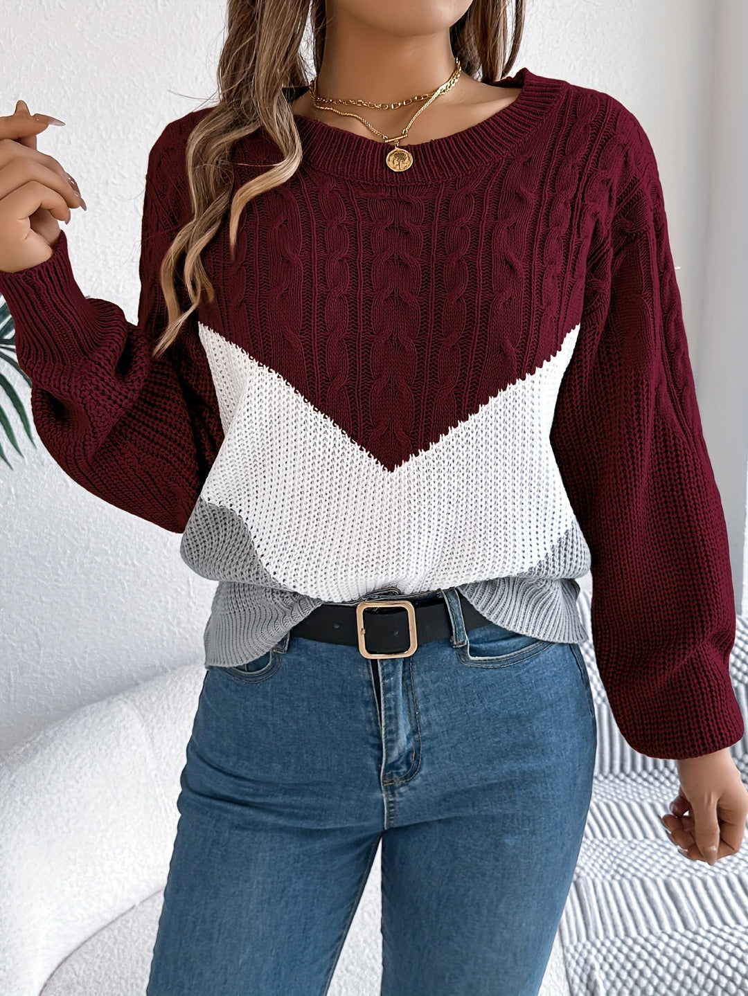 Blythe | Damen Pullover Color-Block mit Rundhalsausschnitt