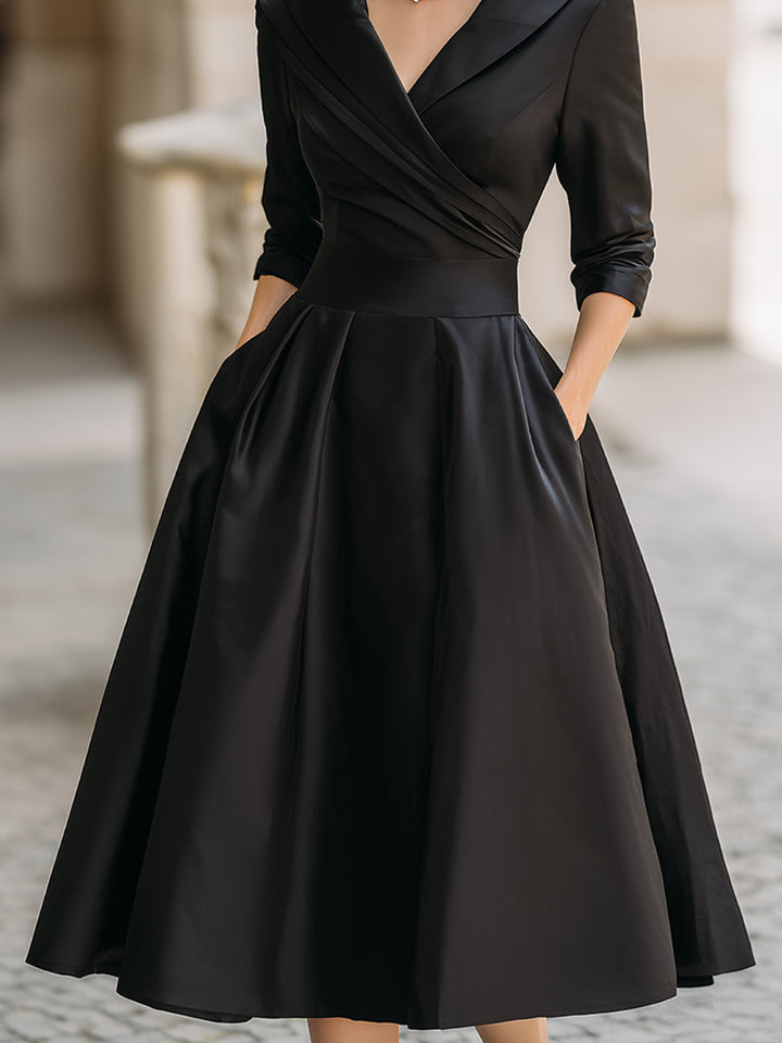 Robe midi satinée femme à col en V – Robe élégante à manches longues avec col