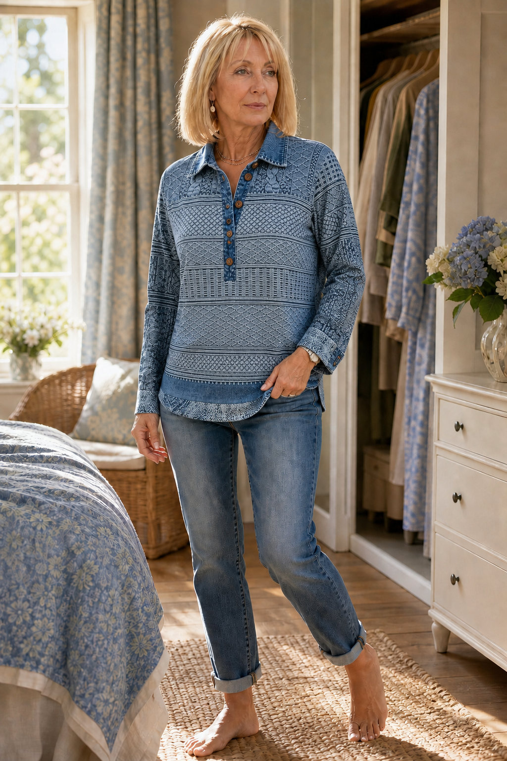 Damen Bluse Mit Denim Patchwork Und Strick