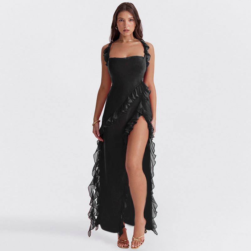 Elegantes One-Shoulder-Abendkleid mit Rüschen und hohem Schlitz