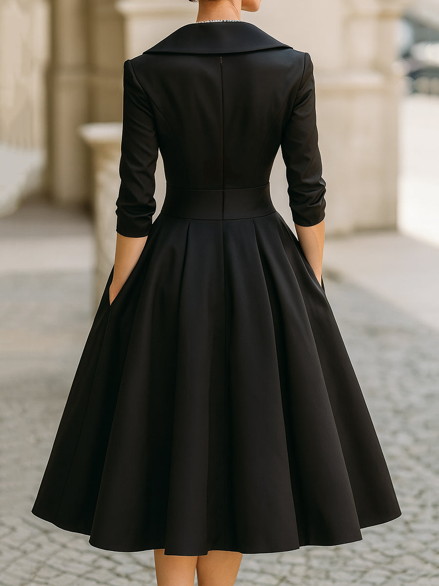 Robe midi satinée femme à col en V – Robe élégante à manches longues avec col