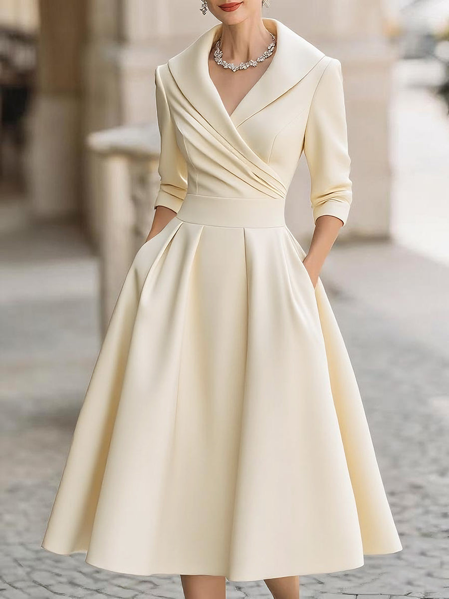 Robe midi satinée femme à col en V – Robe élégante à manches longues avec col