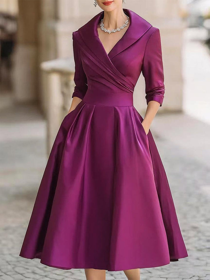 Robe midi satinée femme à col en V – Robe élégante à manches longues avec col