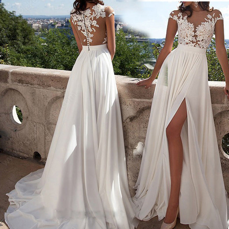 Damen Elegantes Spitzen-Oberteil Hochzeitskleid Mit Fließendem Rock – Brautkleid