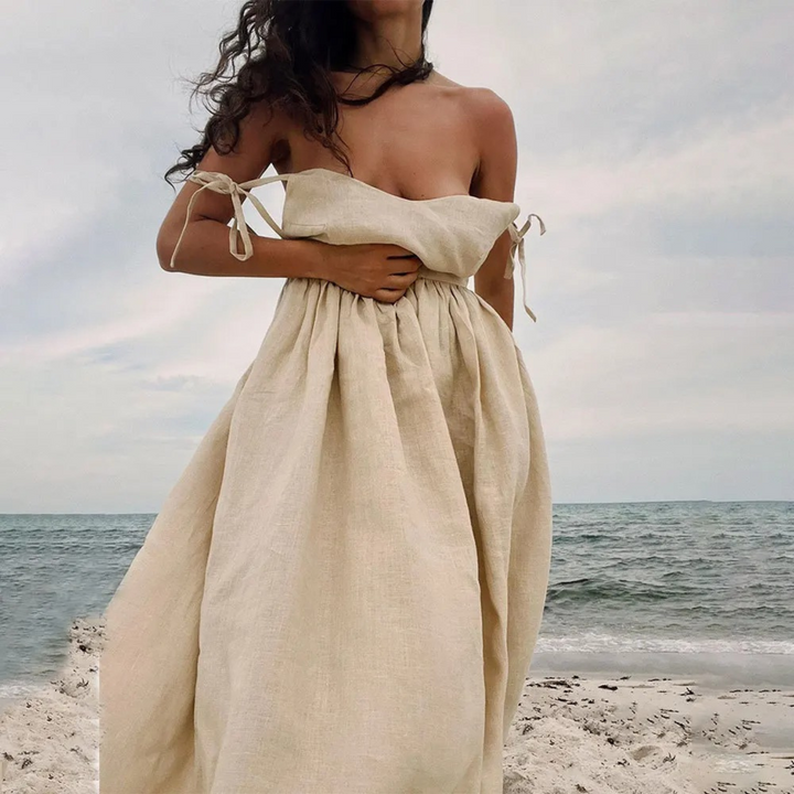 Women's linen dress with button placket and loose fit for summer