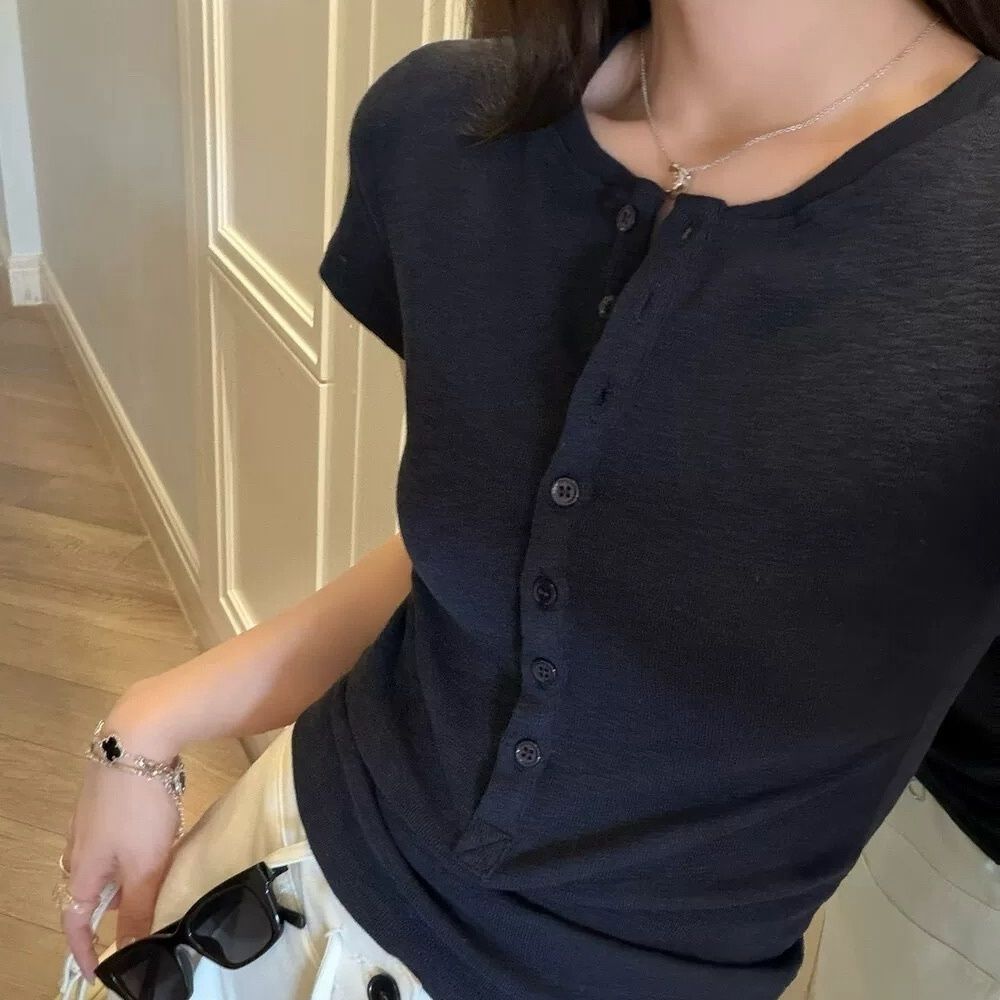 Women's Short Sleeve T-Shirt With Button Placket – Casual Slim Fit Top