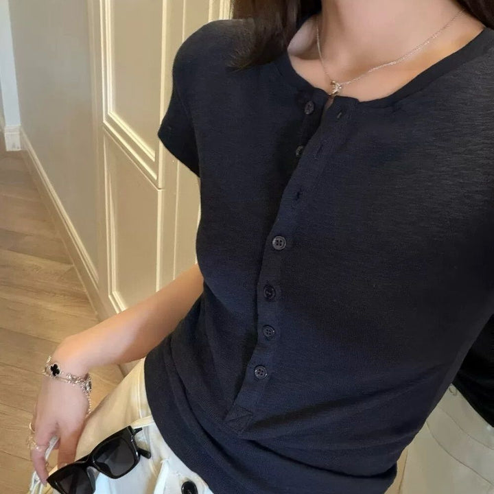 Women's Short Sleeve T-Shirt With Button Placket – Casual Slim Fit Top