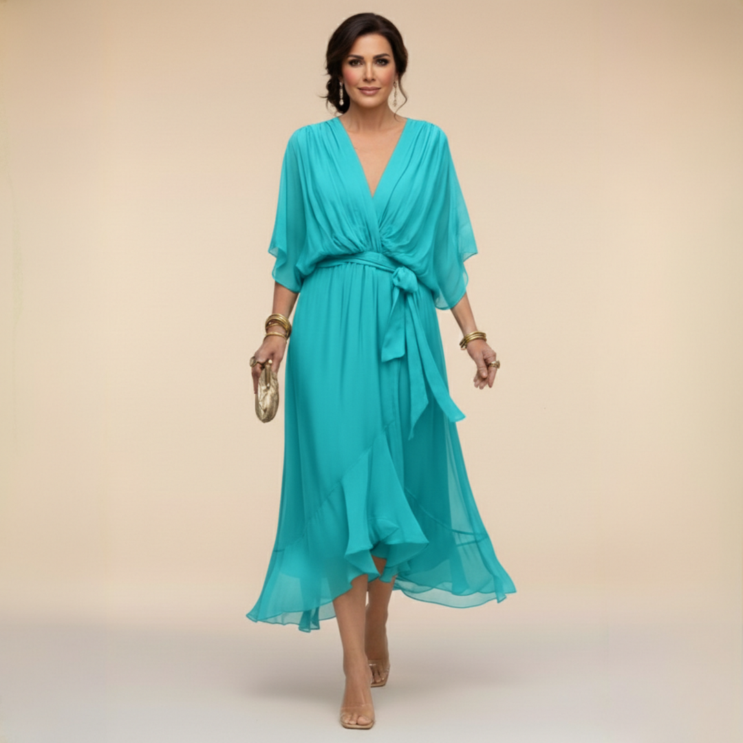 Elegant flared chiffon midi dress with V-neck and belt for women – Perfect dress for wedding guests