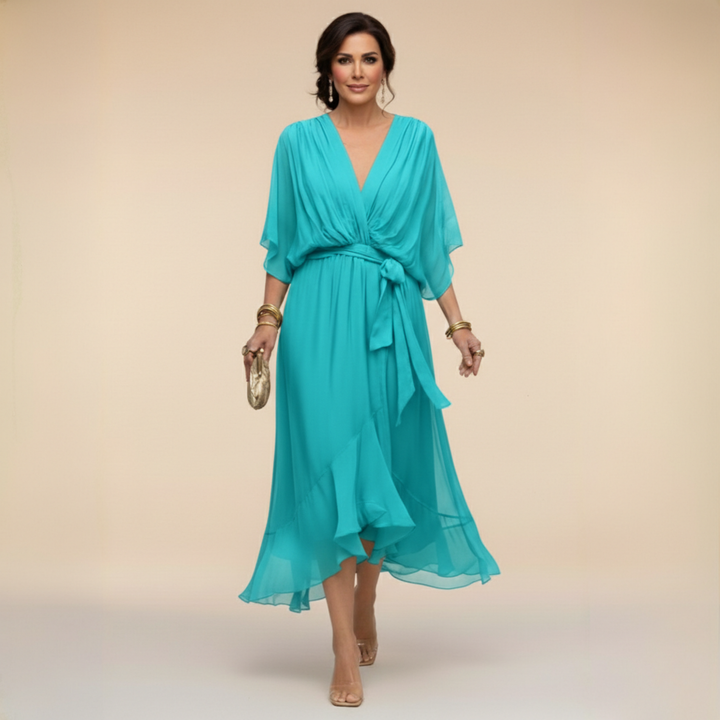 Elegant flared chiffon midi dress with V-neck and belt for women – Perfect dress for wedding guests