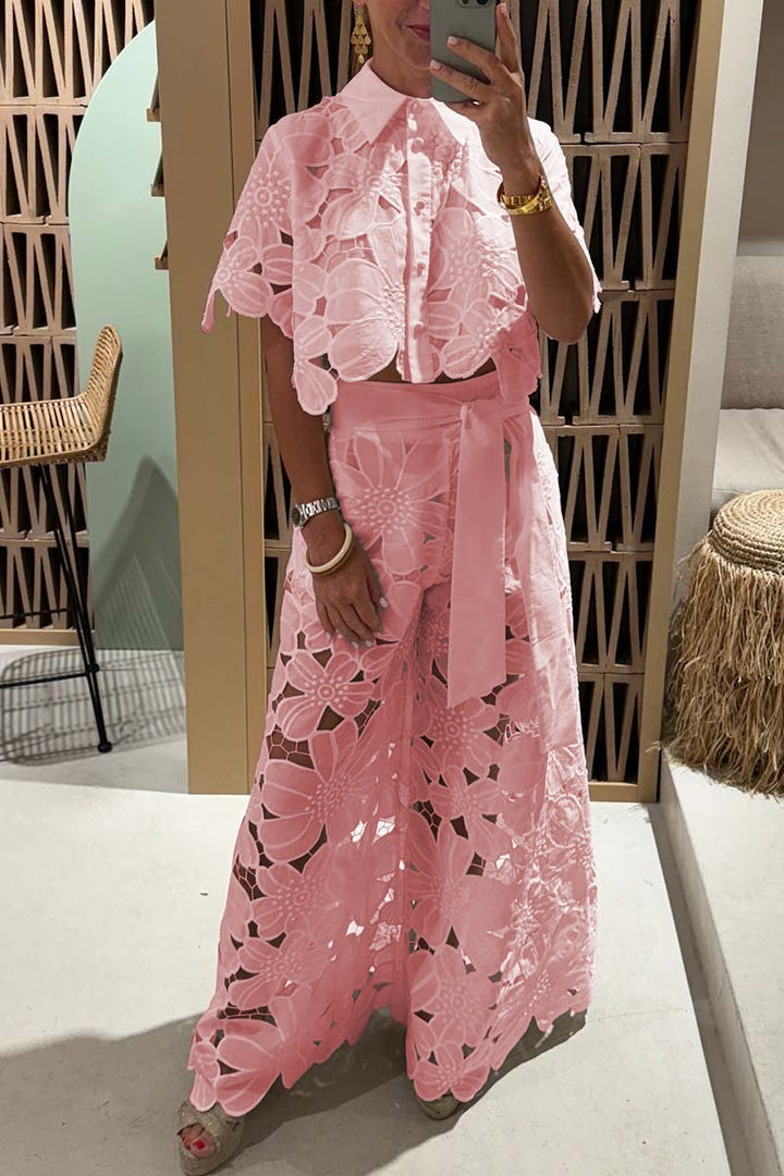 Women's Lace Blouse and Wide-Leg Pants Set – Elegant Casual Outfit