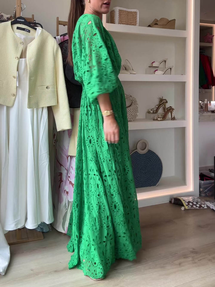 Vestido maxi de encaje oversize para mujer con escote en V y cintura fruncida – Vestido elegante y fluido