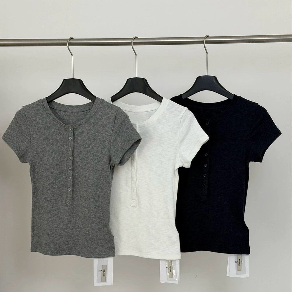 Women's Short Sleeve T-Shirt With Button Placket – Casual Slim Fit Top