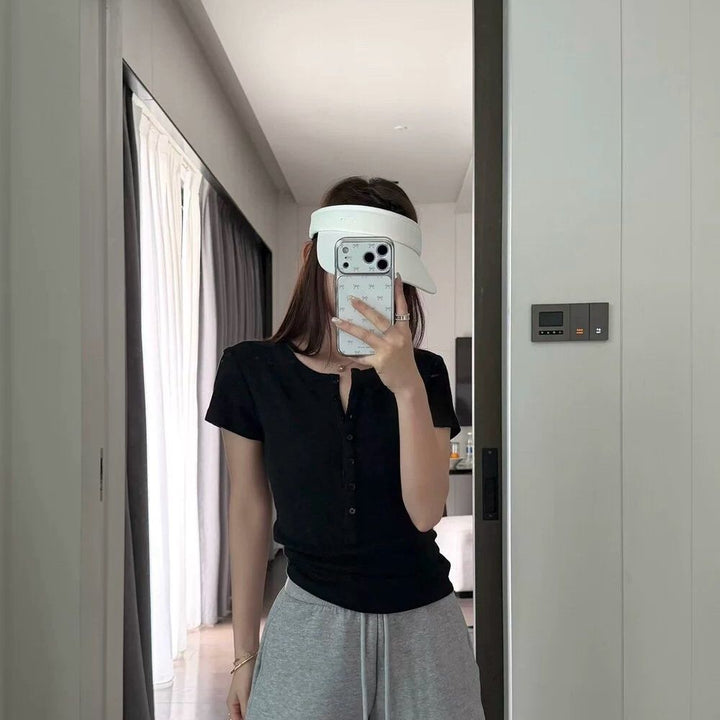 Women's Short Sleeve T-Shirt With Button Placket – Casual Slim Fit Top