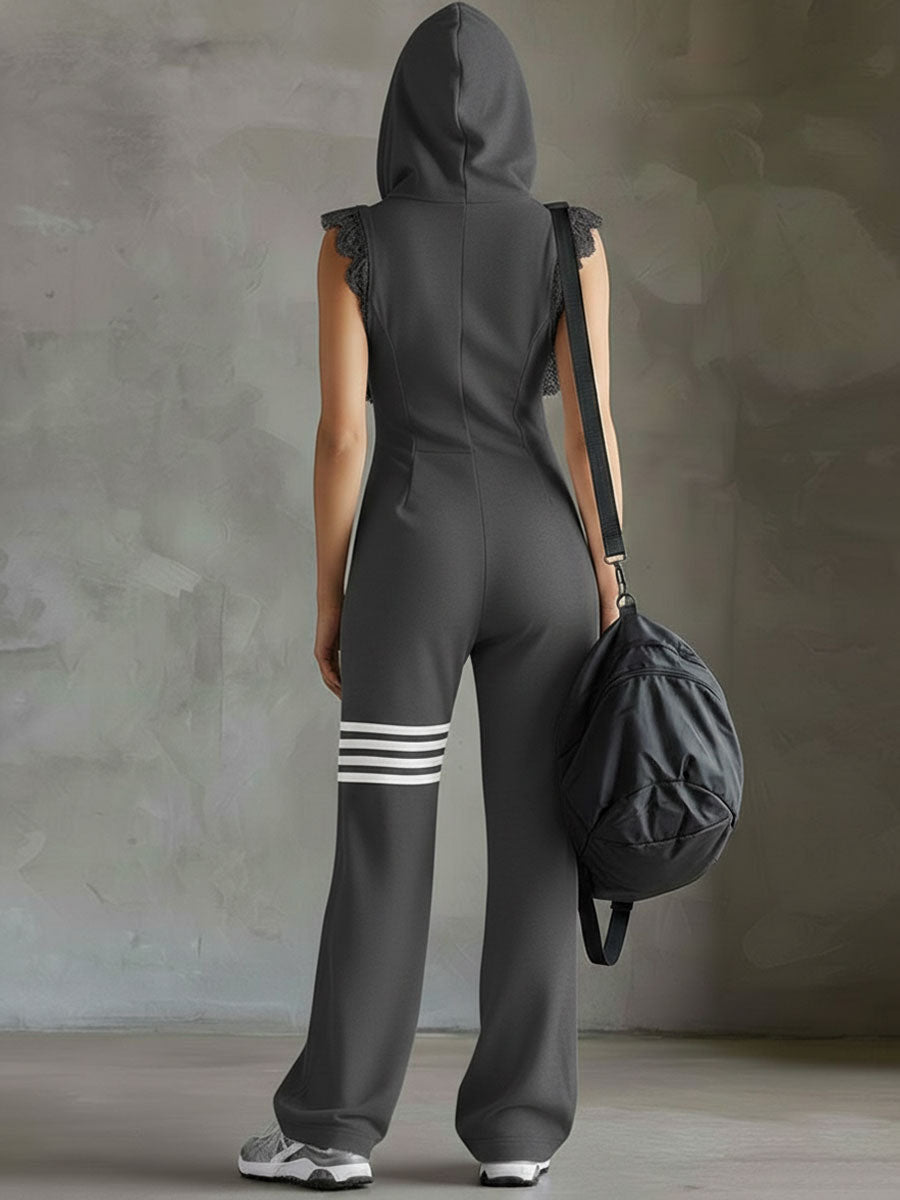 Women's Sleeveless Long Jumpsuit - Hoodie Striped Casual Outfit