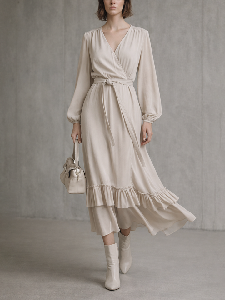 Beiges Wickel-Midikleid mit Volantsaum und Bindegürtel