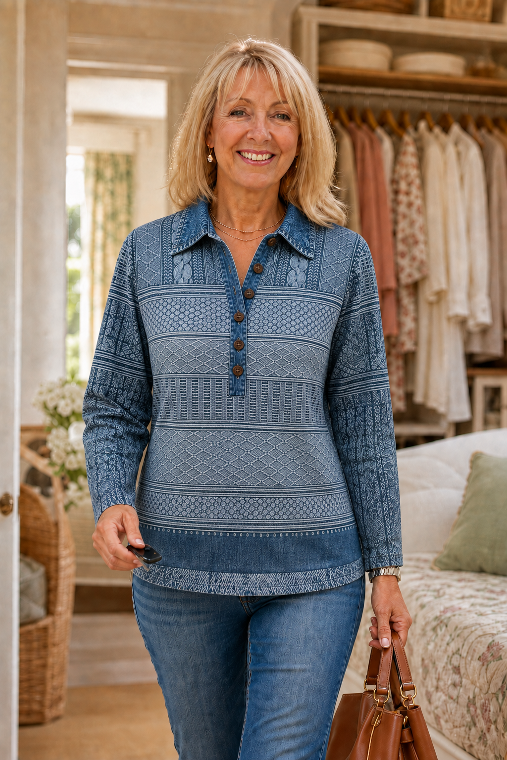 Damen Bluse Mit Denim Patchwork Und Strick