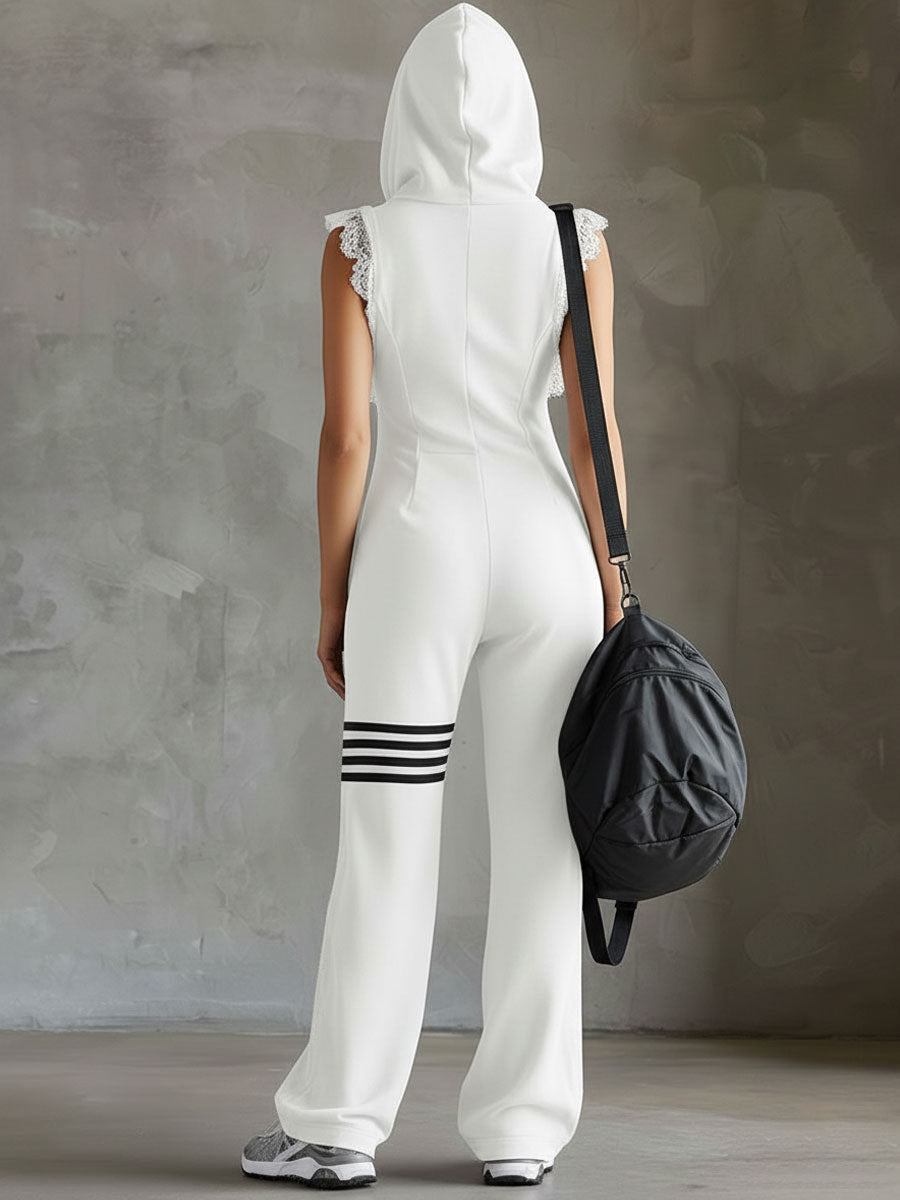 Women's Sleeveless Long Jumpsuit - Hoodie Striped Casual Outfit