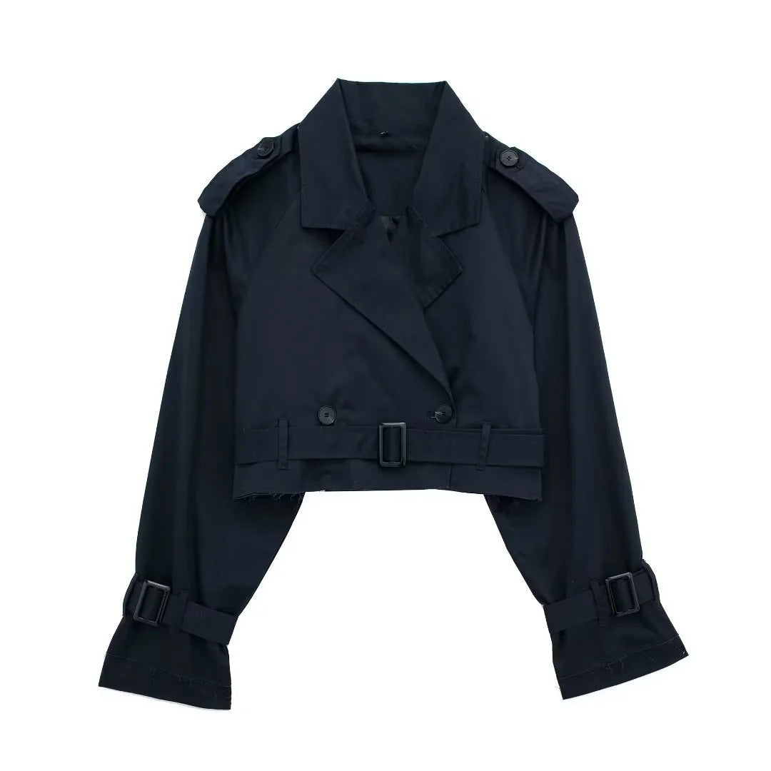 Short women's trench coat made of vegan leather