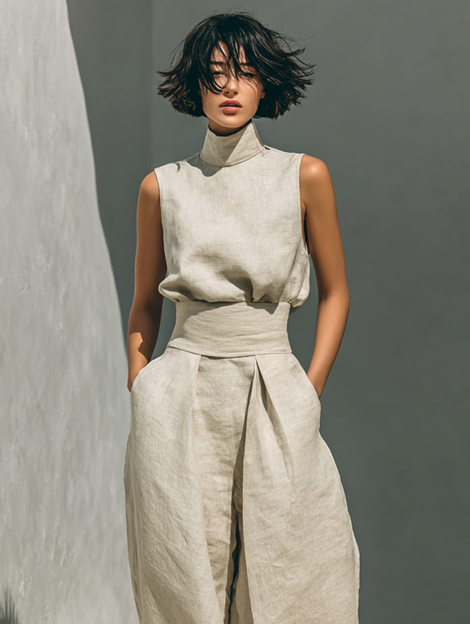 Women's Linen Two-Piece Set - Turtleneck Top Wide Pants