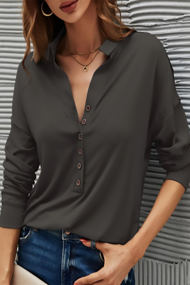 Damen Lässiges T-Shirt Mit Knöpfen – Umlegekragen Alltagstop