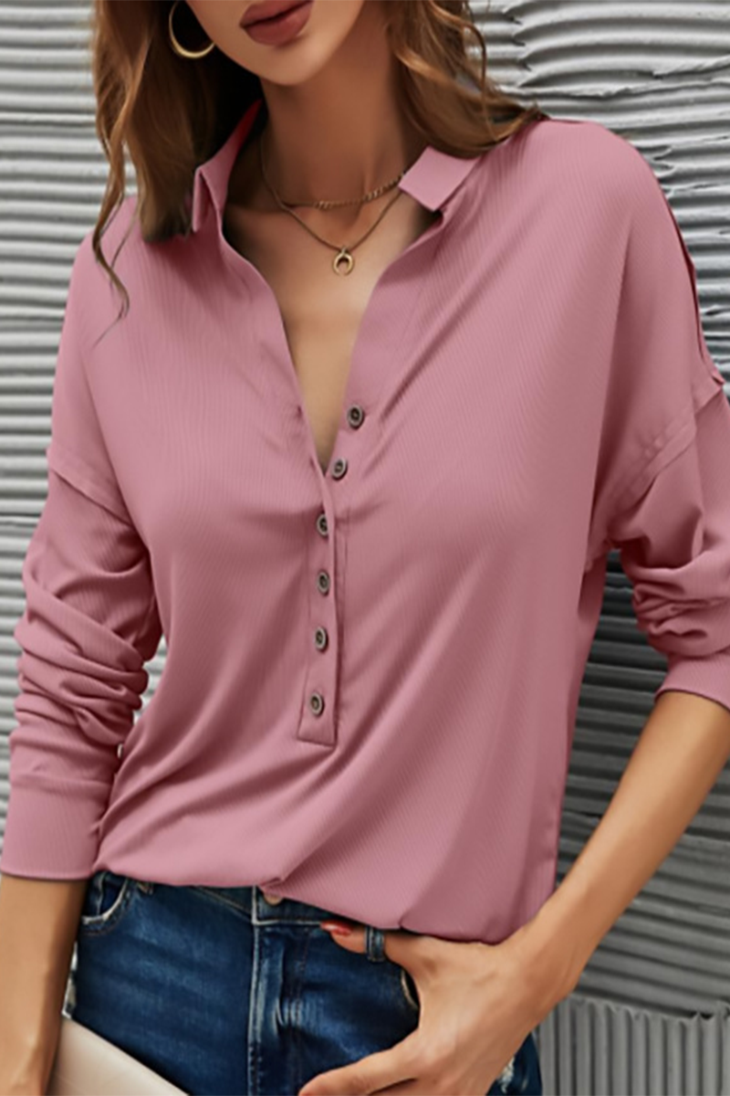 Damen Lässiges T-Shirt Mit Knöpfen – Umlegekragen Alltagstop