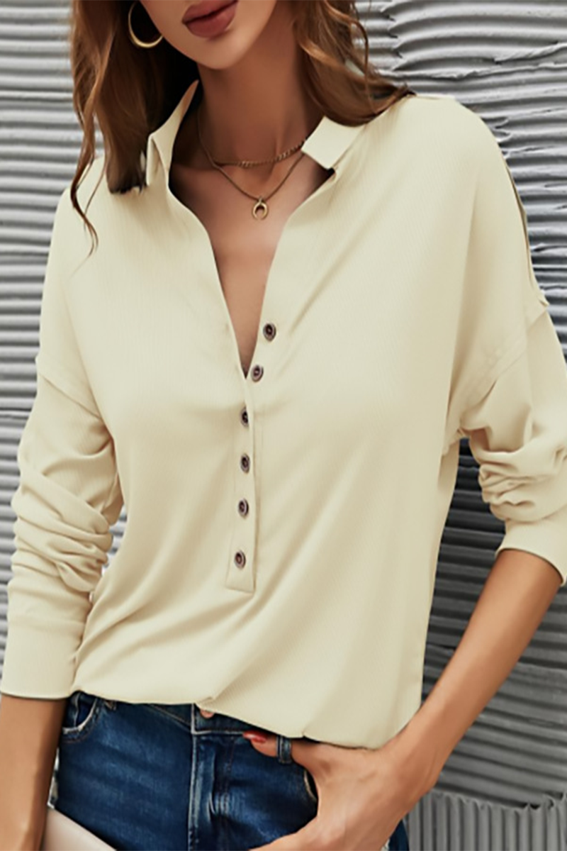 Damen Lässiges T-Shirt Mit Knöpfen – Umlegekragen Alltagstop