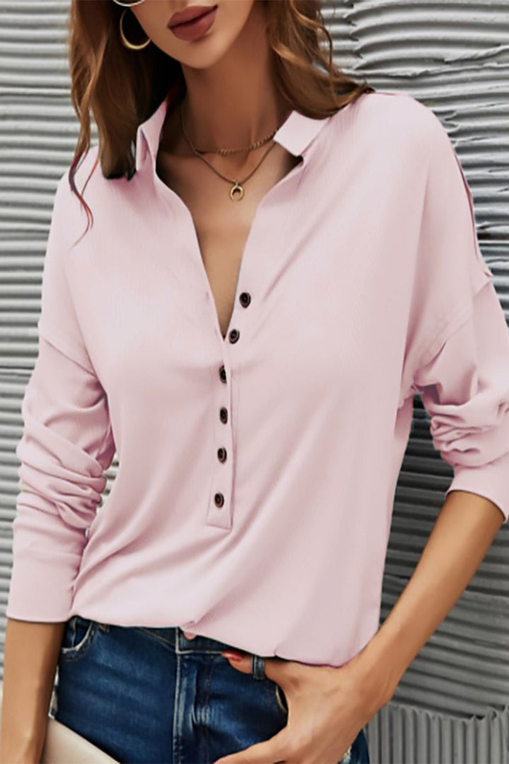 Damen Lässiges T-Shirt Mit Knöpfen – Umlegekragen Alltagstop