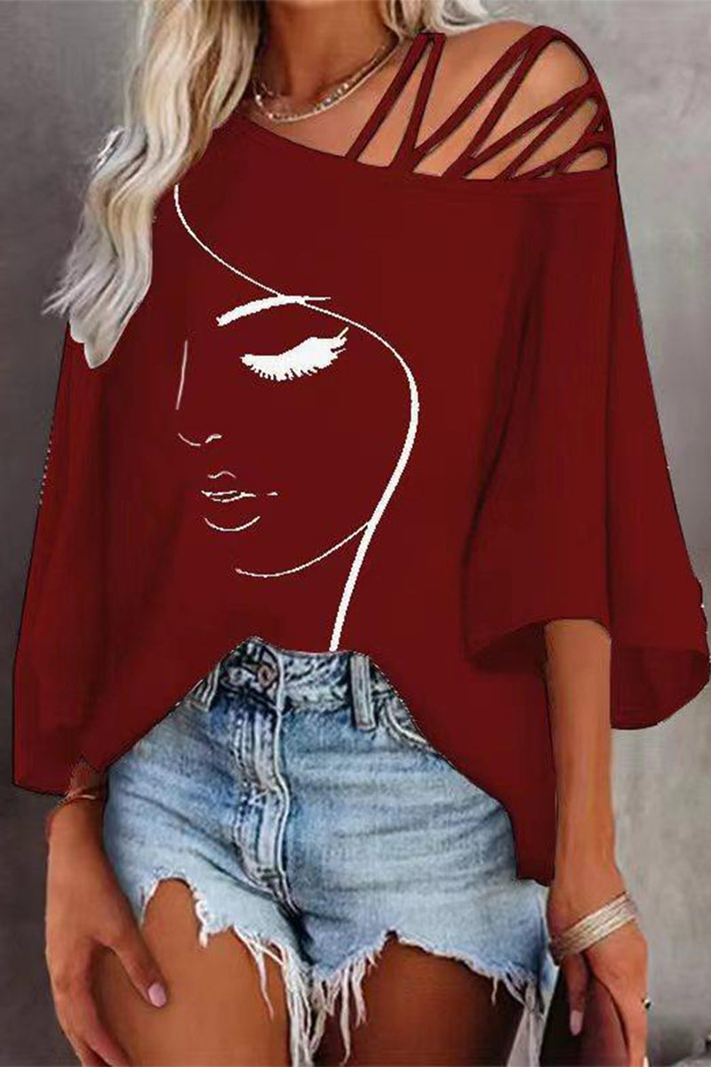Women's Printed Oversized T-Shirt with Asymmetric Collar – Casual Loose Shirt