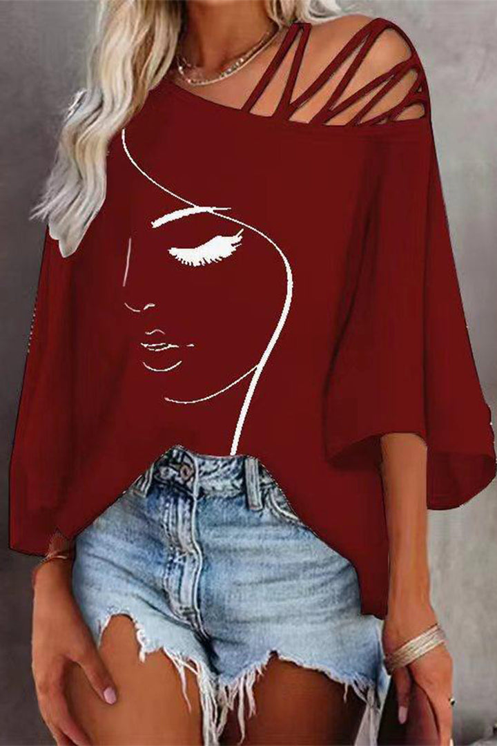 Women's Printed Oversized T-Shirt with Asymmetric Collar – Casual Loose Shirt
