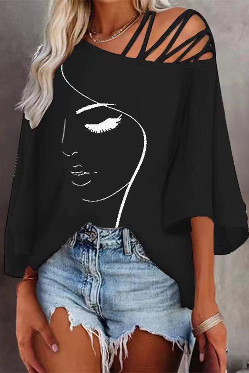 Women's Printed Oversized T-Shirt with Asymmetric Collar – Casual Loose Shirt