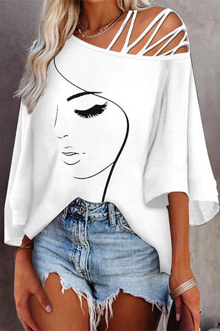 Women's Printed Oversized T-Shirt with Asymmetric Collar – Casual Loose Shirt